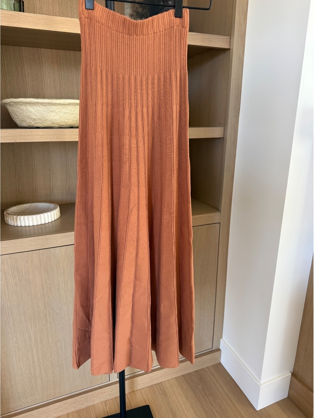 Ronny Kobo Lanie Pleated Ribbed Knit Midi Skirt Warm Rust Orange XS